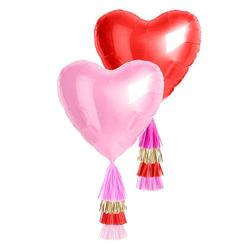 Jumbo Mylar Balloon Pair & Tassel Tails - Red & Pink Hearts (Valentine's)