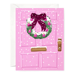 Card - Christmas - Snowy Pink Door Hand Drawn